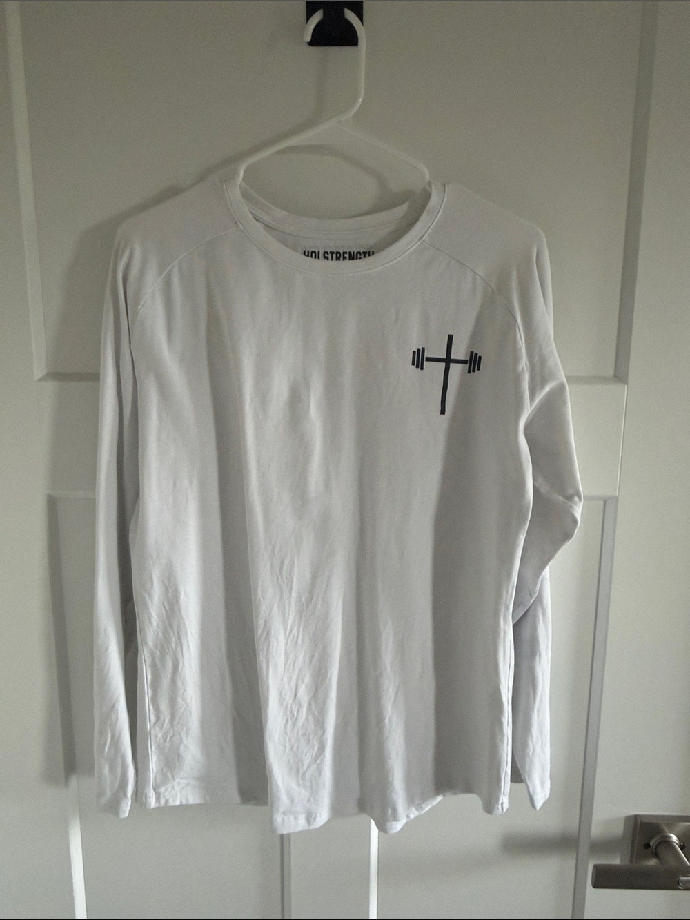 Holestrength White Long-Sleeve Athletic Tee with Minimal Barbell Logo